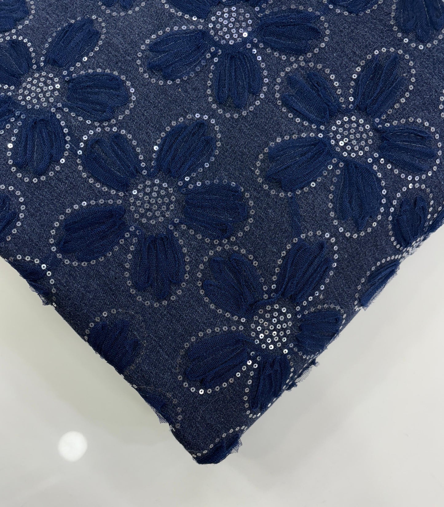Denim Net Floral Embroidered Fabric with Sequins