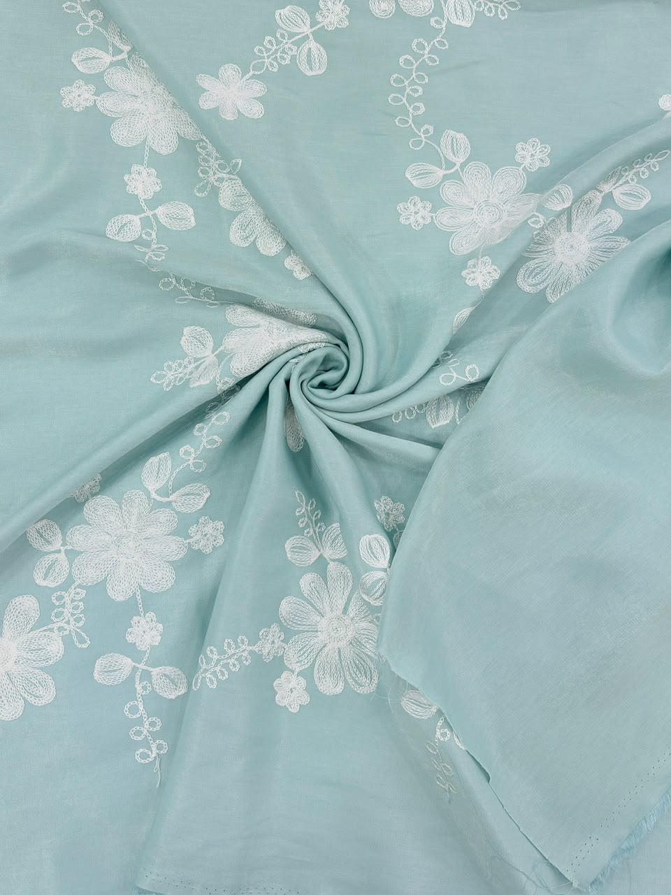 Soft Embroidered Denim – Elegant Floral Threadwork