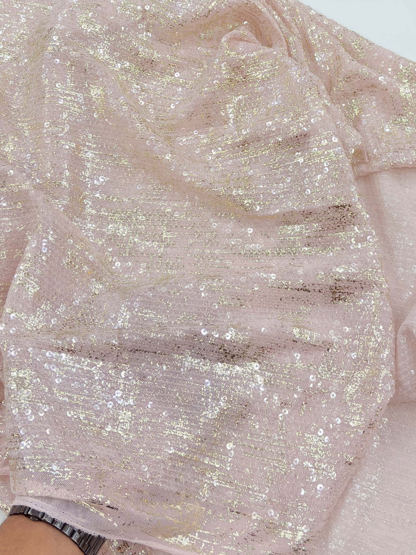 Transparent Sequin Mesh Fabric with Metallic Foil Print – 52” Work Width