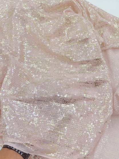 Transparent Sequin Mesh Fabric with Metallic Foil Print – 52” Work Width