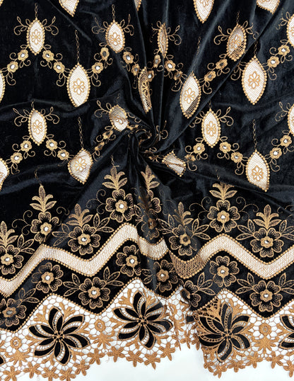 Luxury Velvet Cutwork Fabric with Heavy Embroidered Border