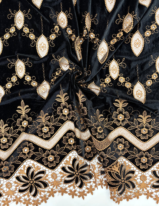 Luxury Velvet Cutwork Fabric with Heavy Embroidered Border