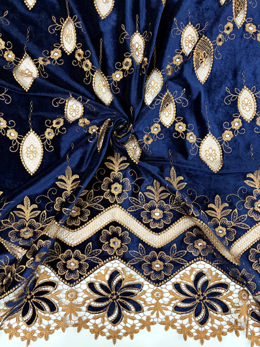 Luxury Velvet Cutwork Fabric with Heavy Embroidered Border