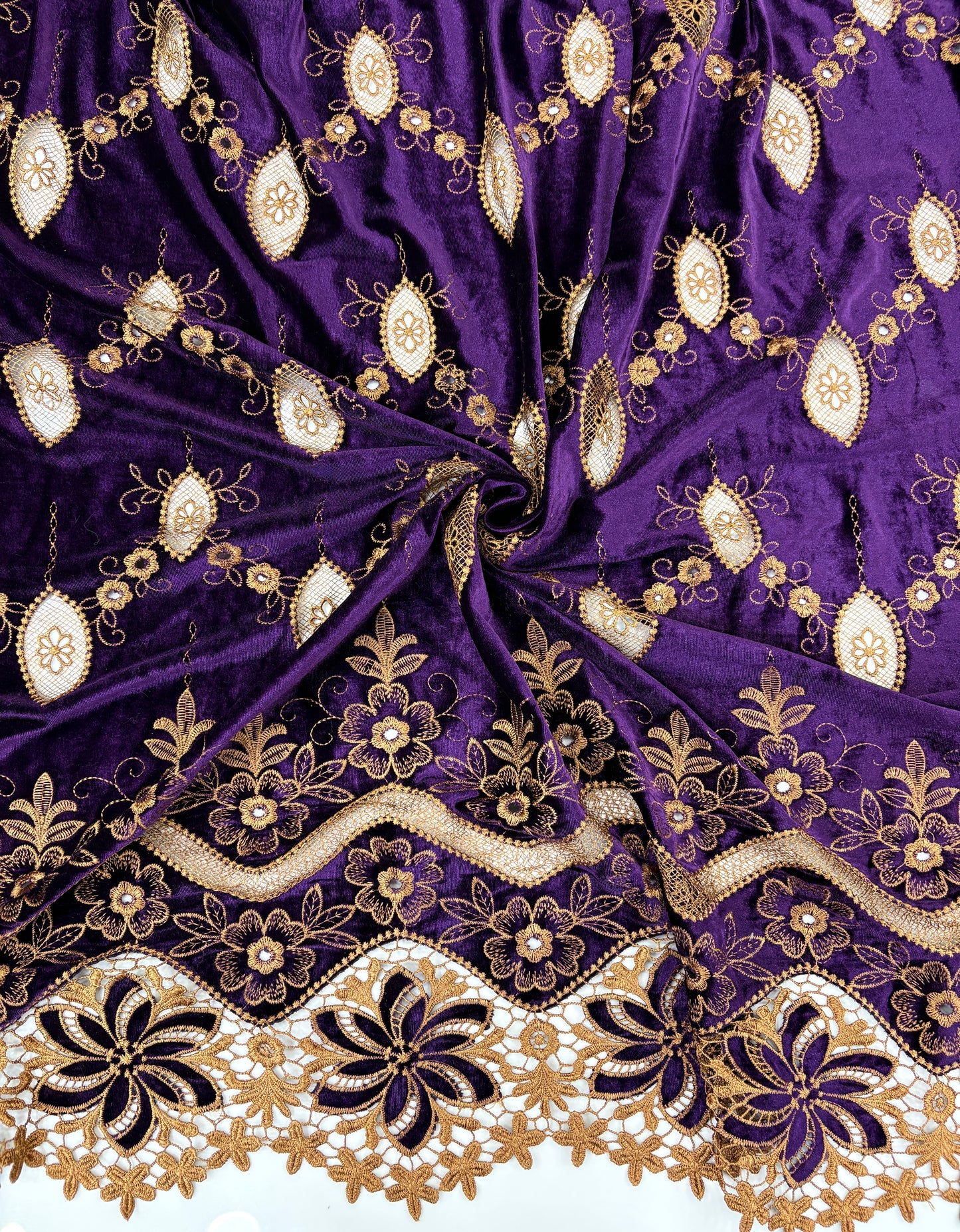 Luxury Velvet Cutwork Fabric with Heavy Embroidered Border