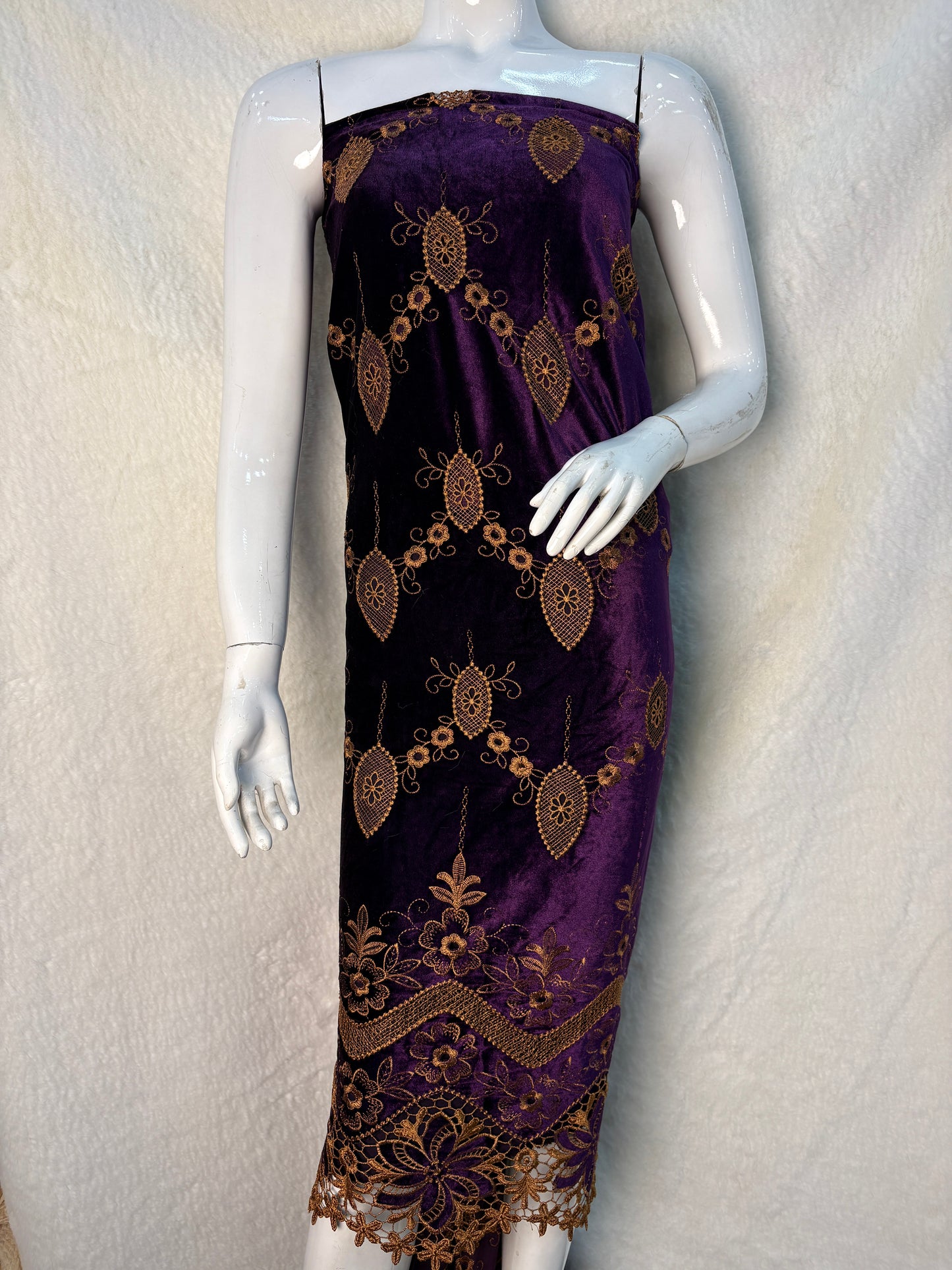 Luxury Velvet Cutwork Fabric with Heavy Embroidered Border