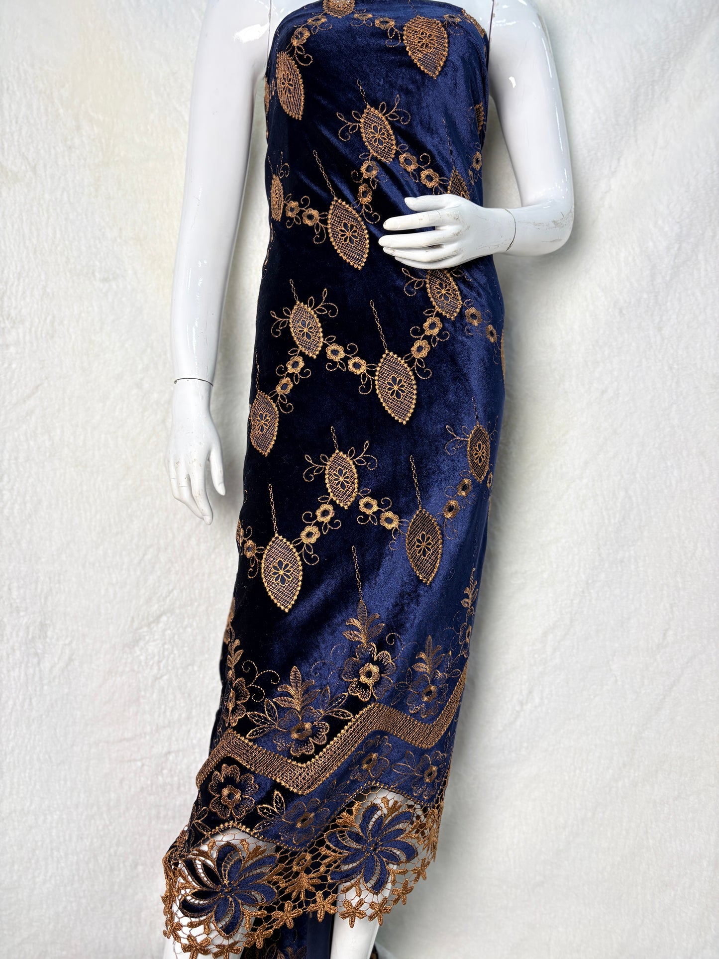 Luxury Velvet Cutwork Fabric with Heavy Embroidered Border