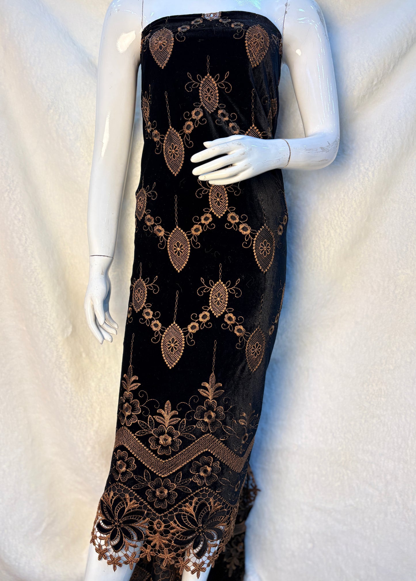 Luxury Velvet Cutwork Fabric with Heavy Embroidered Border