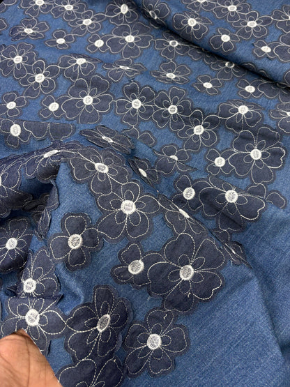 Denim Fabric with Floral Appliqué Work
