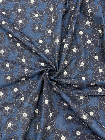 Denim Fabric with Floral Appliqué Work