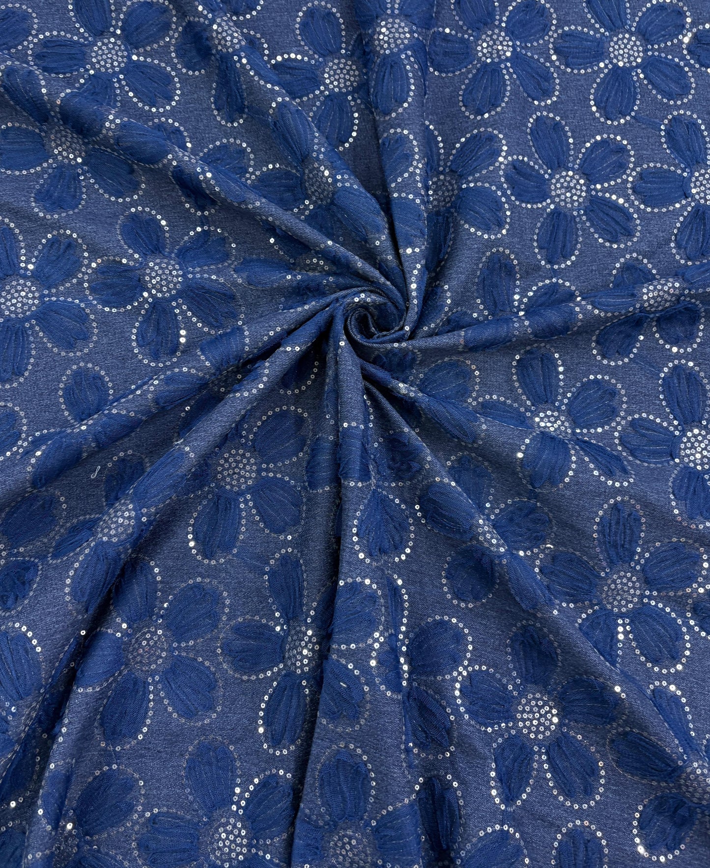 Denim Net Floral Embroidered Fabric with Sequins