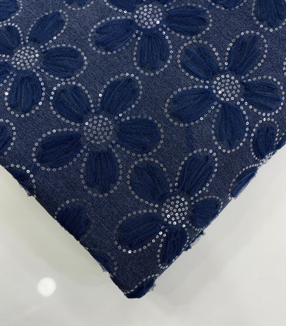 Denim Net Floral Embroidered Fabric with Sequins