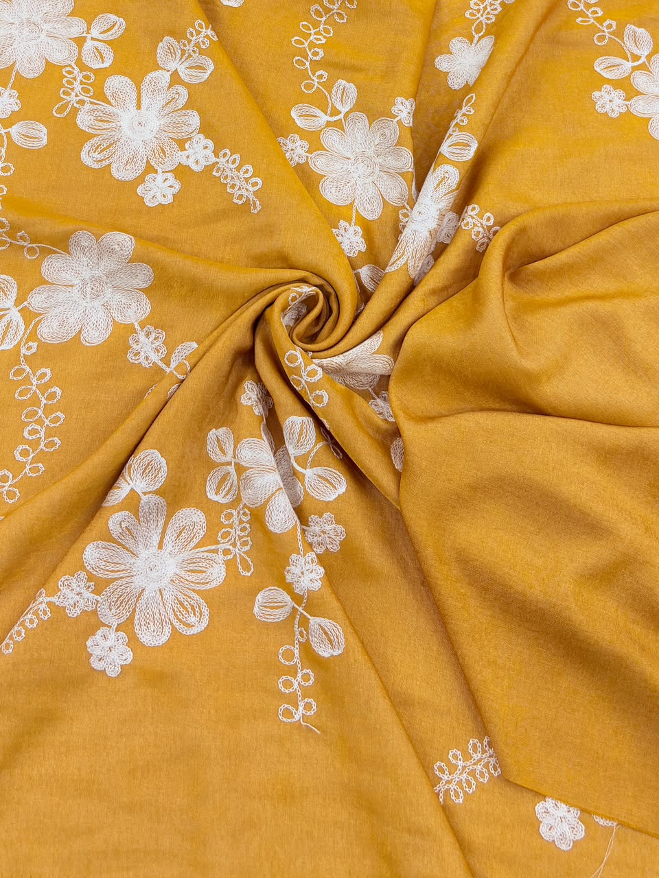 Soft Embroidered Denim – Elegant Floral Threadwork
