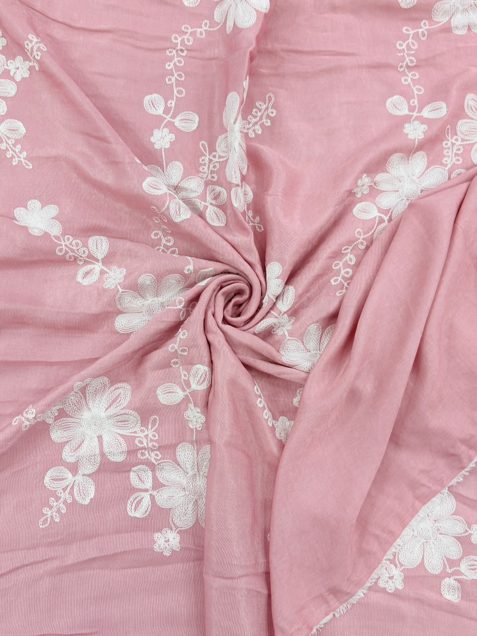 Soft Embroidered Denim – Elegant Floral Threadwork