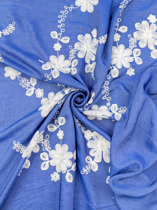 Soft Embroidered Denim – Elegant Floral Threadwork