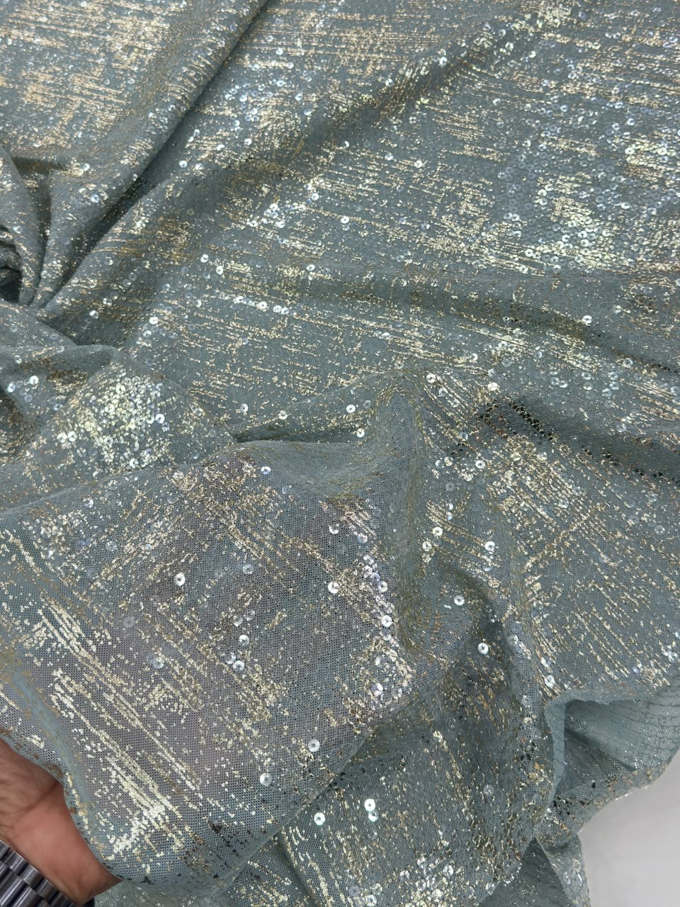 Transparent Sequin Mesh Fabric with Metallic Foil Print – 52” Work Width